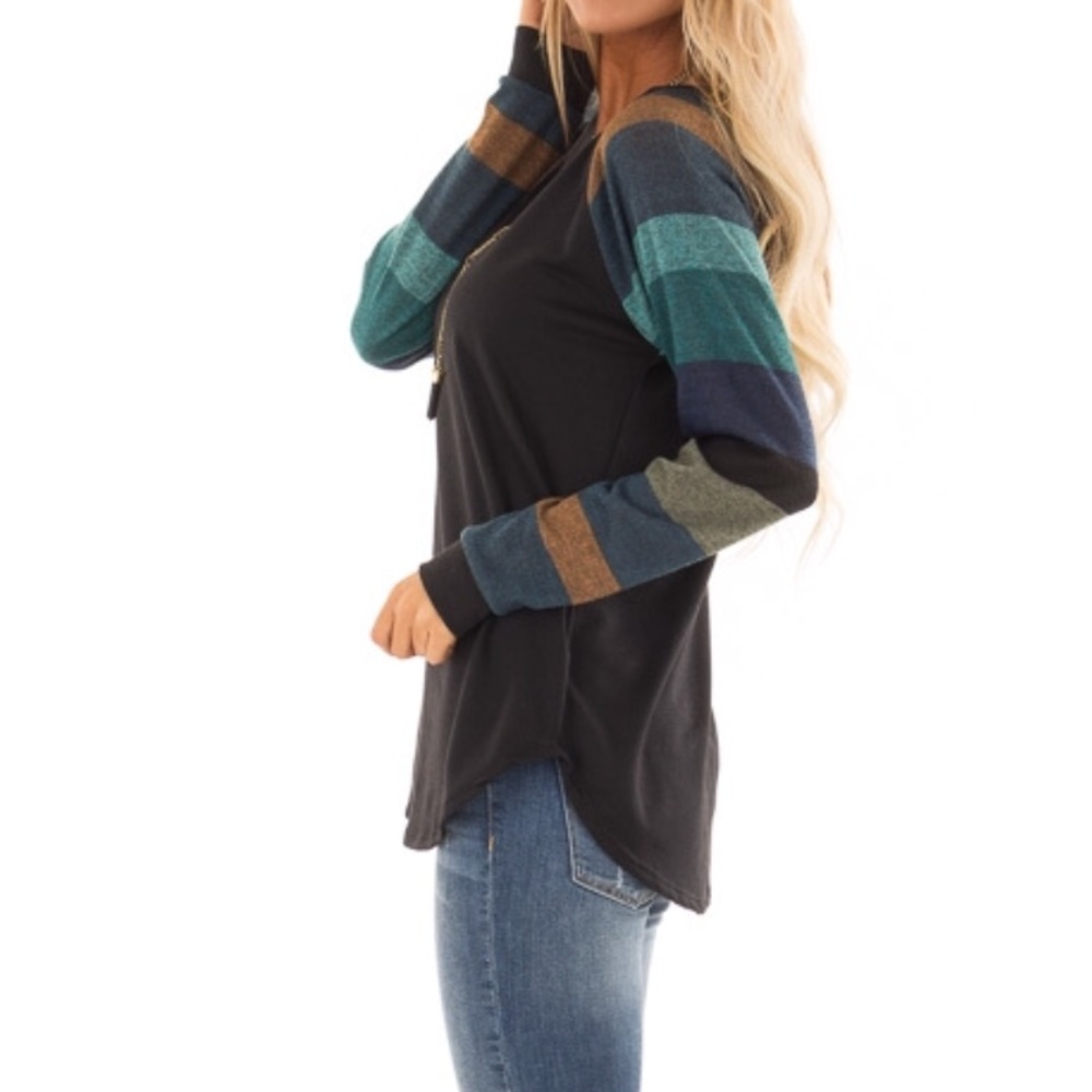 SZ S-M Black Top Long Multi Color Striped Sleeves - Picture 6 of 8